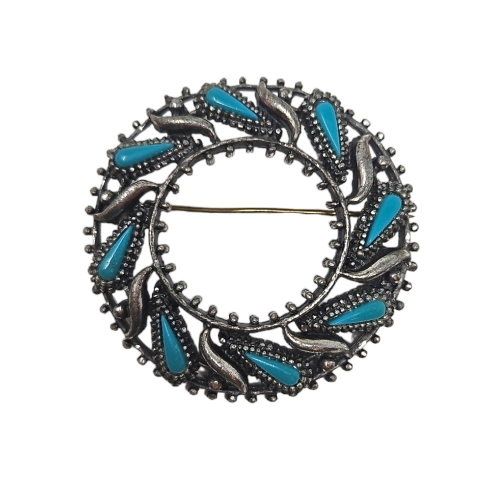 NYT Silver Tone Faux Turquoise Brooch Southwest Style Signed